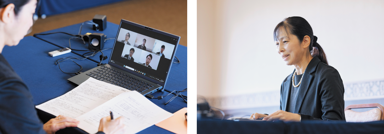 オンライン会議のノートPC画面と河越さん